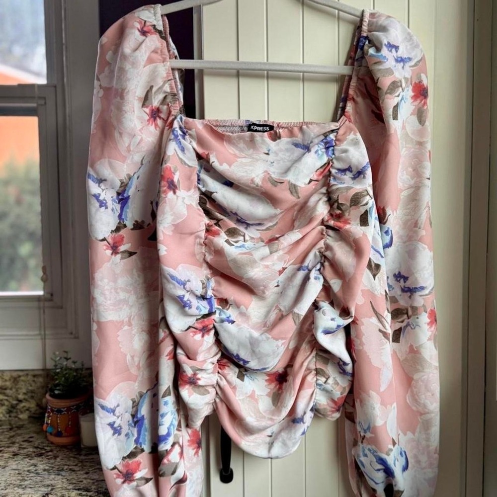 Express Floral Ruched Smocked Back Puff Sleeve Blouse Pink Blue White Large